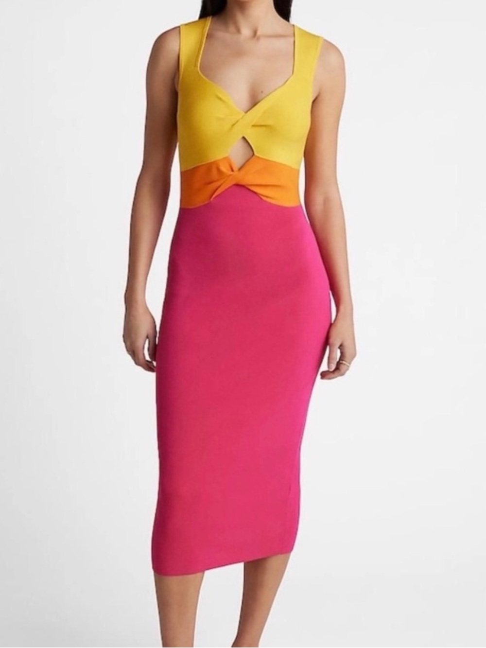 Express Colorblock Twist Front Midi Dress - Yellow, Orange & Pink